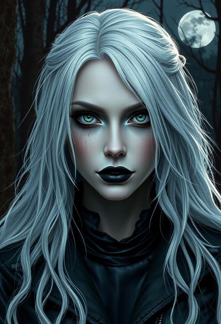 1 Woman, white hair, cranked hair, heterochromy, eye scar, black lipstick, green eyes, wolf leather clothes, full moon, bloody moon, woods, close up face