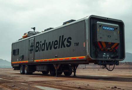 1 vehicle, 
cyberpunk  oversize  industrial trailer.  
Logo label "BDwerks®" written on the side nothing else written.