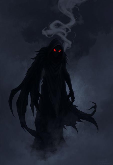 Stylized fantasy image of a deadly phantom. The phantom is wispy, made of shadow and fog with a vaguely humanoid shape and burning red eyes. It stands wreathed in shadow, fog and darkness, staring at the viewer with malice.
