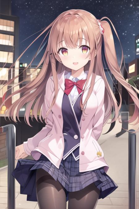 masterpiece, best quality, <lora:himenosena:0.8>, glowing eyes, 1girl, smile, school uniform, pantyhose, ponytail, standing, night sky, city street, city buildings background, extremely detailed background