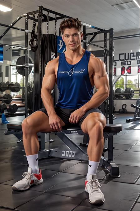 West Hollywood gym, slightly smiling, DevinFranco is a  sexytrainer, tank top, shorts, socks, sneakers, sitting on a weight bench, ((full body portrait)), wide angle <lora:DevinFranco-000006:0.8>  <lora:Clothing - Sexy Personal Trainer:0.7>