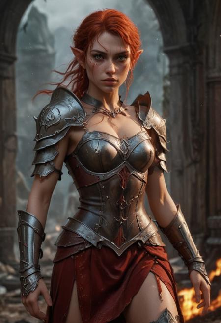 High resolution ultra-realistic of Beautiful Warrior Elf girl, 8k, capturing the intensity of the moment, cinematic lighting, standing on a bloody and stormy battlefield in bloody battle, wavy red hair, realistic dirty pale face, realistic dark brown eyes,  beautiful hourglass figure, burning in a medieval Town, intricately designed iron and silver armor, red mini skirt, LOTR Aesthetic, perfect athletic figure, beautiful Warrior elf girl, fire, ultra realistic, cinematic style, vigorous and seductive, athletic figure, dark fantasy, dramatic lighting, wet and sweaty skin, dirty skin, athletic figure, dark fantasy, dramatic lighting, Greg Rutkowski style,, Warrior Elf girl on in iron armor, hyper-detailed, hyper-realistic, bright colours, Attractive 21 old years girl, Attractive, beautiful firm Breasts, sharp focus, digital painting, Photograph Taken on Nikon D750, Alphonse Mucha, 8K, athletic figure, Hyperdetailed, hyperrealism, Attractive, Attractive bust girl, asymmetric balance