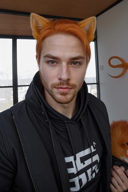 Roiadan Vanzey,  Osenayan,  (masterpiece,  best quality),  animal ears,  solo,  facial hair,  1boy,  male focus,  fox ears,  orange hair,  indoors,  beard,  stubble,  looking at viewer,  lips,  upper body,  brown eyes,  nose,  jacket,  cosplay,  rule of thirds, <lora:EMS-49410-EMS:0.500000>