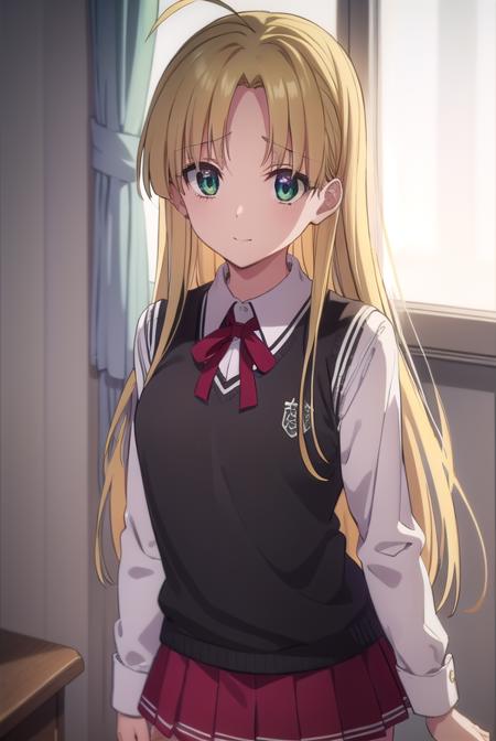 asiaargento, <lora:asia argento anime s1-lora-nochekaiser:1>,
asia argento, long hair, blonde hair, (green eyes:1.3), (parted bangs:1.5), ahoge, smile, (small breasts:1.2),
BREAK skirt, shirt, long sleeves, ribbon, school uniform, pleated skirt, vest, red skirt, sweater vest,
BREAK indoors, classroom,
BREAK looking at viewer, (cowboy shot:1.5),
BREAK <lyco:GoodHands-beta2:1>, (masterpiece:1.2), best quality, high resolution, unity 8k wallpaper, (illustration:0.8), (beautiful detailed eyes:1.6), extremely detailed face, perfect lighting, extremely detailed CG, (perfect hands, perfect anatomy),