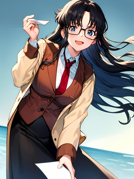 (exceptional, best aesthetic, new, newest, best quality, masterpiece, extremely detailed), 1girl, solo, yomikoreadman, brown_vest, red_necktie, white_shirt, waistcoat, glasses, skirt, paper, smile, open_mouth