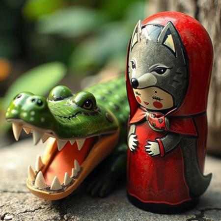 a crocodile matryoshka doll and the little shy red riding hood wolf girl, no humans