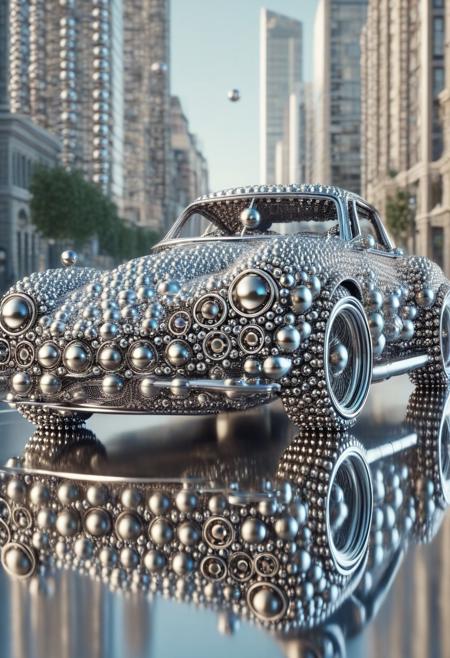 (made of Chrome Ball bearings:1.3), classic sports car, from side, run through on city Chrome Ball bearings road, cinematic, cinematic lighting, (masterpiece, best quality:1.4), ultra-high res, 4k, Photorealistic, insanely detailed, sfw,