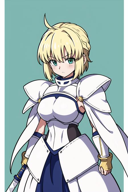 simple background, 
1girl,  solo,  blonde hair, green eyes, white armor, saber(cosplay), short hair, white cape, upper body, ahoge,（carrying excalibur (fate/stay night)）,, masterpiece, best quality,