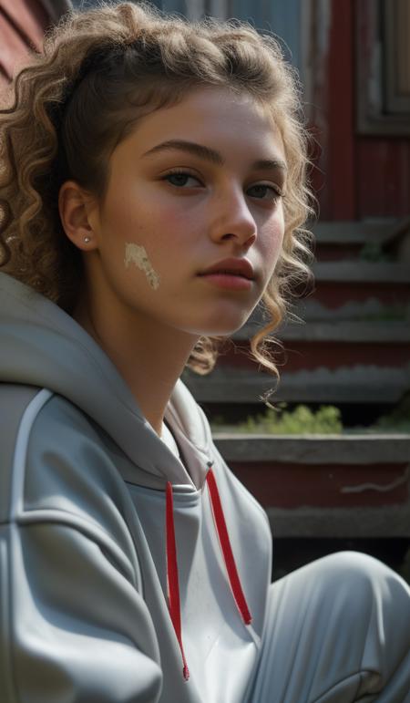 Hyperrealistic art RAW analog photo of a young gopnik woman, curly hair, detailed skin, natural skin:1.2, (looking left), (sharp focus, hyper detailed, highly intricate), natural lighting, <lora:add-detail-xl:2> . Extremely high-resolution details, photographic, realism pushed to extreme, fine texture, incredibly lifelike, posing for the pictures . Neo-expressionist, graffiti, vibrant, "Photorealism. is sitting on the dilapidated steps of an abandoned Russian house in the Russian outback, in the style of the post-apocalypse, she is dressed in a gray torn PUMA tracksuit, worn white sneakers, rubbish:1.2, full body shot:1.5, posing to the shot. with a pack of cigarettes "Belomor Channel"