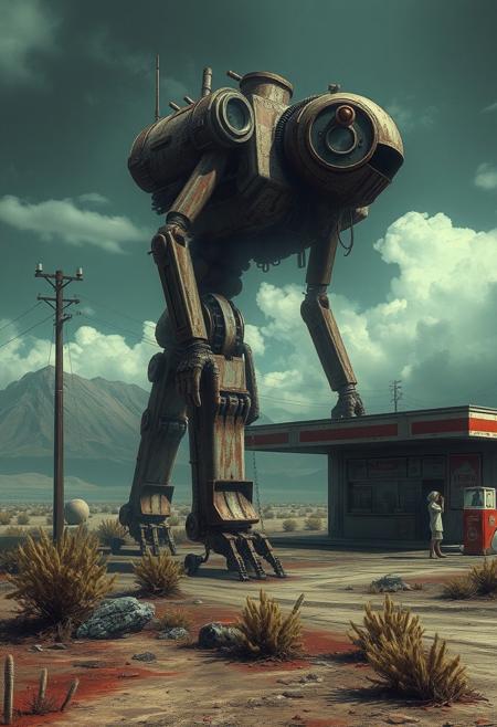 A post apocalyptic artwork with high detail that features a giant rusty robot that is dead while beside a gas station in the middle of nowhere, eerie atmosphere, <lora:Midjourney-mimic-xl:0.6>, great quality, no humans, desaturated, has a texture that shows decay and mystery