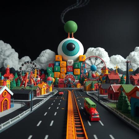 colorful clay amusement park, pov, clay town, claylike world, Claymation, black sky,  space,  wide roads, clay houses, clay dream world, clay Roller Coaster, clay Ferris Wheel, clay Train,  clay park, low angle, solidarity, giant ABC cubes in the background, giant eye in the sky, giant toys, empty world,