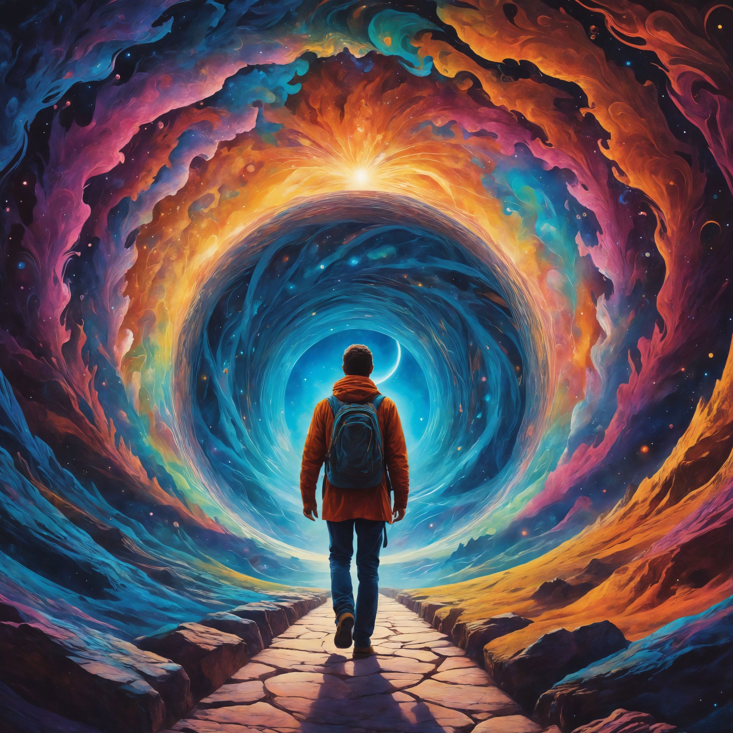A man walking through a colorful tunnel with a backpack on.