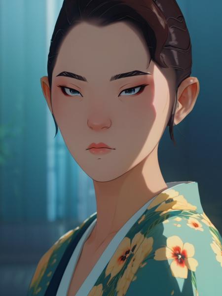 A stunning intricate full color portrait of  Mizu,wearing a floral dress, epic character composition,by ilya kuvshinov, alessio albi, nina masic,sharp focus, natural lighting, subsurface scattering, f2, 35mm, film grain  <lora:BlueEyeSamurai:1>