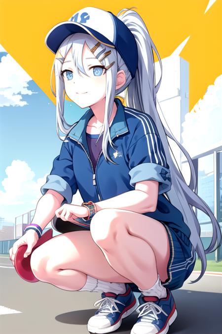 <lora:Kanade3rd-07:0.8>,kanade3rd, looking at viewer, smile, shirt, hair ornament, hat, holding, closed mouth, jacket, ponytail, short sleeves, sidelocks, outdoors, sky, shoes, shorts, socks, hairclip, striped, cloud, star (symbol), blue sky, short shorts, squatting, white footwear, blue jacket, building, wristband, sneakers, bandaid, baseball cap, bandaid on leg, megaphone