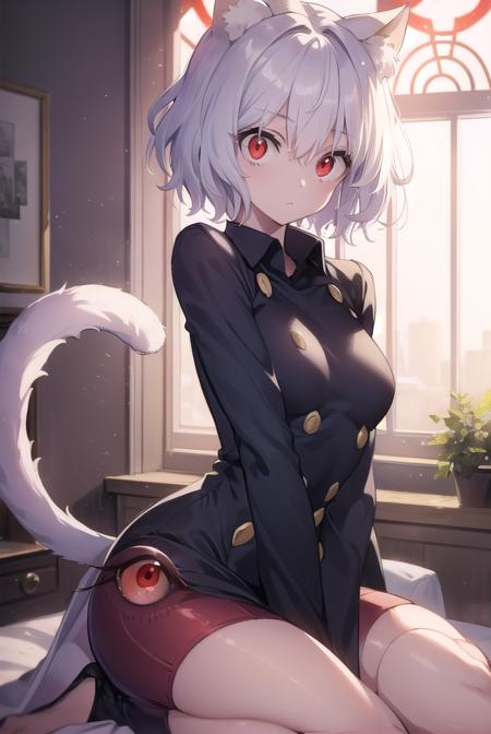 neferpitou, <lora:neferpitou:1>, neferpitou, short hair, (red eyes:1.5), long sleeves, animal ears, tail, white hair, shorts, cat ears, cat tail, curly hair, (small breast:1.2), BREAK looking at viewer, BREAK outside, BREAK <lora:GoodHands-vanilla:1>, (masterpiece:1.2), best quality, high resolution, unity 8k wallpaper, (illustration:0.8), (beautiful detailed eyes:1.6), extremely detailed face, perfect lighting, extremely detailed CG, (perfect hands, perfect anatomy),