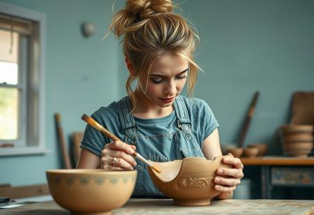 A hyper realistic photo of a  woman in a pottery studio. The photo has a sequoia filter. Her dirty blonde hair is up in a messy unkept bun and her overalls are covered in clay stains. She examines an ornate half painted clay bowl on the desk. A paintbrush in her hands.