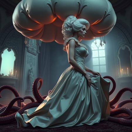 Sexy, sultry, (Female, 1girl):1.3, (satin highly detailed georgian gown):1.3, (Huge breasts, big boobs, Large breasts), (firm Round perky breasts:1.2), (posturecollar):1.25, (, slim waist:1.35). Hair in large updo. kneeling at giant slime pillow, surrounded by tentacles, lifted skirt, high heels, fog, horror, under giant slime pillow canopy, mirrors
Rembrandt Lighting Style, great lighting. At twilight, in victorian mansion sideview
Ultra realistic, 8k, uhd, best quality, best resolution, lifelike, white wig, ent over, on all fours, 
large breasts, big boobs, huge tits, georgian gown,