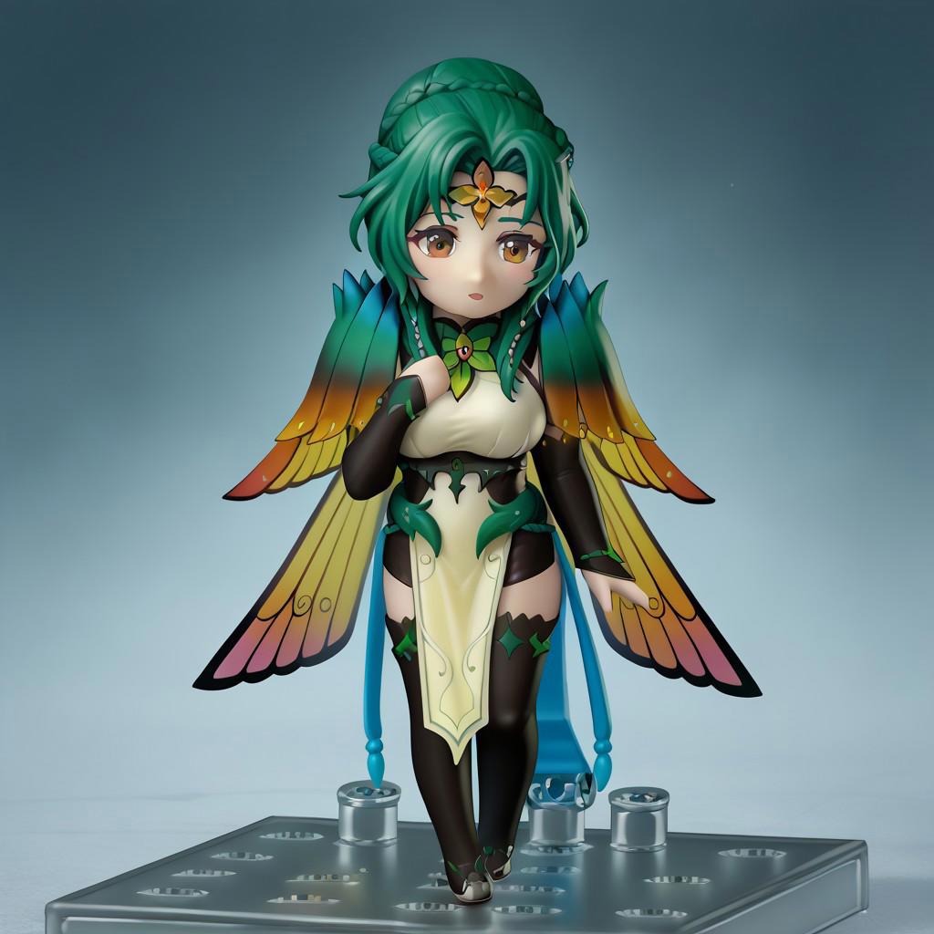 score_9, score_8_up, score_7_up, faux figurine, nendoroid, full body, figure, platform, solo, <lora:Nendoroid_pdxl_Incrs_v1:1>, <lora:elincia-pdxl-nvwls-000005:1> respElincia, green hair, hair bun, long hair, braid, brown eyes, black circlet, insect wings, shoulder pads, sleeveless dress, detached sleeves, black sleeves, pelvic curtain, black thighhighs, large breasts, chibi