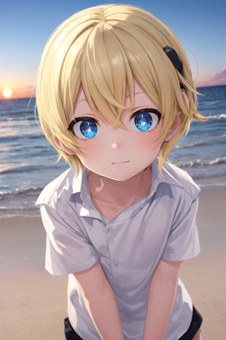 (1boy:1.4),
multicolored background, looking at viewer, hair between eyes, highlight in eyes, (very short hair),
crew cut, (blonde hair:2), (fully clothed :1.4), colorful eyes, ((masterpiece,4:1)), 
multiple details, sky, sea, beach,  whole body, short hair, handsome, (bulge:0.4), 
beautiful eyes (vocaloid), delicate features, high light in eyes, (narrow chin:1.5), triangle chin,  (introvert:1.6)
petite, young, juvenile, short hair, detailed beautiful little boy, adorable boy, sparkling eyes, (sunset beach), muscular:0.6