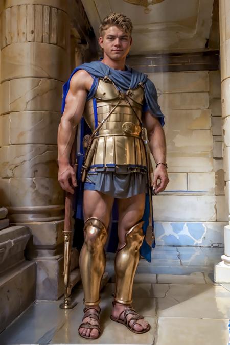 standing inside Greek temple,  short hair, ((dark blonde hair)), muscular CFConnor, slight smile, wearing blue linothorax armor, tunic, greaves, sandals, (((full body portrait))), wide angle, <lora:CFConnor:0.8> <lora:GreekHoplite_Linothorax_V2-E10:0.8>