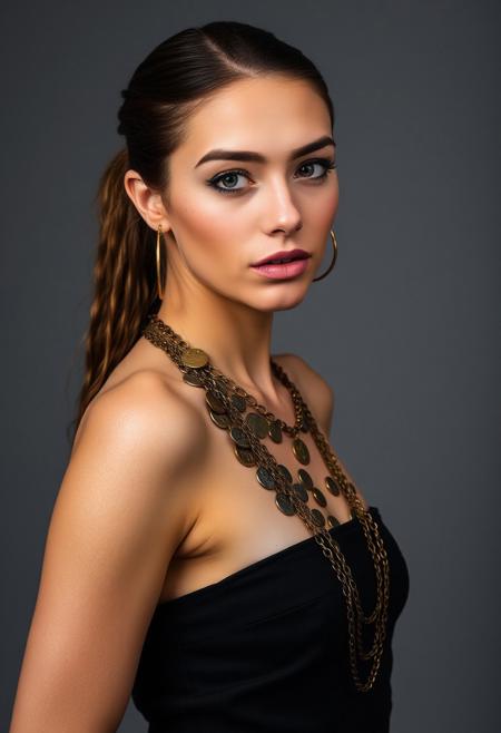 front view, beautiful woman with her left bare shoulder covered with jewelry made with coins and chains, grey background studio