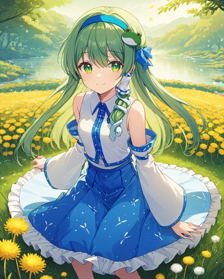 kochiya sanae,1girl, solo, detached_sleeves, snake_hair_ornament, frog_hair_ornament, hair_tubes, grass, blue_skirt, holding, looking_at_viewer, blue_hairband, wide_sleeves, green_hairband, smile, gohei, water, bare_shoulders, dandelion, white_shirt, yellow_flower, floral_print, outdoors, yokozuwari, full_body, long_sleeves, nature, closed_mouth, one_side_up, single_sidelock, on_ground, frilled_skirt, sleeveless, petticoat, sidelocks, seiza
<lora:kochiya_sanae_image8584_2023-12-17:1>,star-shaped_pupils,symbol-shaped_pupils,. gorgeous,key visual, vibrant, studio anime,award-winning, professional, highly detailed,high budget, cinemascope