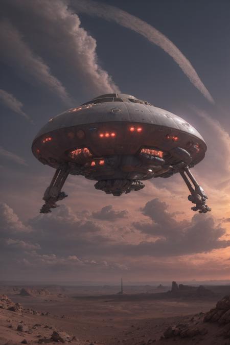 raw, [spaceship:ufo:10]  <lyco:UFOMaker:0.4> , flying, plasma engines,  desert sandstone mars, sunrise, cinematic, rimlight, red dusty dramatic clouds, sun low on horizon  <lyco:Cloudify:0.25> <lora:entropy-alpha:0.1> <lora:LowRA:0.5>