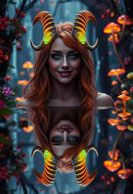 celestial astro beauty, professional photography of an fantastical naughty Satyress full body shot, vertical reflection, blue eyes, cute face, freckles, goat legs, bare breasts, pan pipes, purple lipstick, green eyeshadow, eyeliner, runny mascara, opalescence horns, smile, two-tone (copper, ginger)hair, mermaid hair, curvy, sweaty skin, in an enchanted forest, brightly coloured glowing mushrooms and flowers, Break. 1ly4, detailed skin, 8K, cinematic lighting, volumetric lighting,Reflections from water on ground, with whimsical elements, flowers and swirling magic, eerie fairytale landscape, elaborate fantasy style art, very colorful, intricate details, ultra sharp, exquisite detail, flawless composition, vivid colors, masterpiece, exciting waterfall background,deserted lake, Reflections, vertically mirrored imagery, perfect symmetry in the style of kaitlynn peavler and dreamscape, high quality, highly detailed, high coherence, intricate, elegant, sharp focus, octane render,