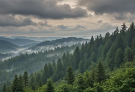 masterpiece, photorealistic, pacific northwest, rainforest, misty, hills, dense trees, cloudy sky, clouds, serene, peaceful, uninhabited