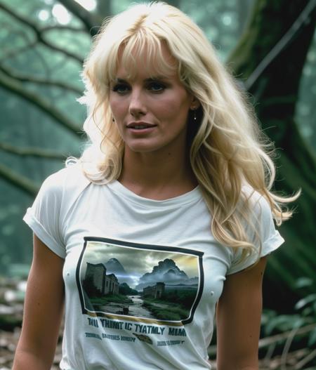 darylhannah a beautiful woman, in a (ruin), in the woods, wearing a (t-shirt:1.1), (thunderstorm:1.2), (8k, best quality, depth of field, ultra high res:1.2),