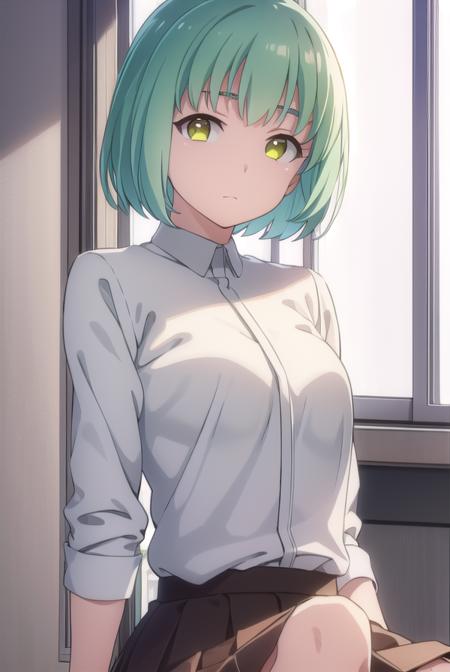 yukikusakabe, <lora:yuki kusakabe s1-lora-nochekaiser:1>,
yuki kusakabe, short hair, (yellow eyes:1.2), green hair,
BREAK skirt, shirt, school uniform, white shirt, pleated skirt, brown skirt,
BREAK indoors, classroom,
BREAK looking at viewer,
BREAK <lyco:GoodHands-beta2:1>, (masterpiece:1.2), best quality, high resolution, unity 8k wallpaper, (illustration:0.8), (beautiful detailed eyes:1.6), extremely detailed face, perfect lighting, extremely detailed CG, (perfect hands, perfect anatomy),