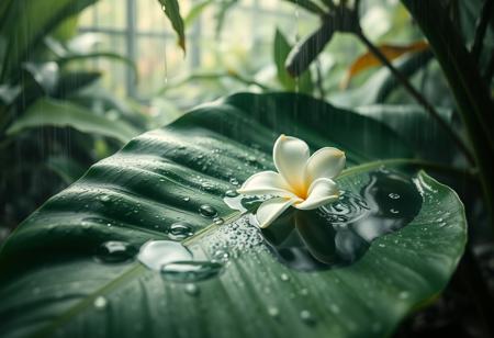 Cinematic photography, rainwater pooling in hollow of tropical leaf resembling body curve, droplets sliding down like sweat, oversized gardenia floating in water, setting: steamy greenhouse at downpour, mood: primal release, lighting: raindrop-refracted jungle light, color theme: emerald and creamy white, camera: ARRI Alexa Mini