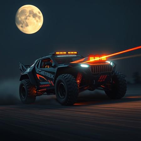 madmax ciberpunk offroad style sport car in the night on the moon, runnning high speed, lasers, guns, masterpiece, 4k, high details