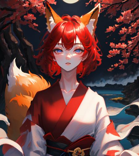 masterpiece, highest quality, 1girl, animal ears, bangs, branch, blue eyes, red hair, flower, fox ears, fox girl,  japanese clothes, kimono, long sleeves, looking at viewer, obi, parted lips, red kimono, sash, short hair, solo, upper body, yakumo ran, lake