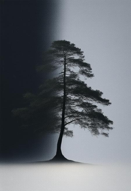 A solitary, wind-sculpted cypress tree silhouetted against a vast, inky black expanse. The scene is rendered in a minimalist style, employing soft, diffused light that subtly hints at a distant, unseen horizon. Linear shapes define the treeâs form â elongated branches reaching like delicate calligraphy against the flat background. The composition emphasizes balance, with gentle curves in the tree's trunk contrasted by the stark linearity of the sky. A shimmering white luminescence spills across the darkness, suggesting moonlight or a nascent dawn, evoking a profound sense of romantic solitude. Impressionistic brushstrokes are subtly layered to create depth and texture within the minimalism. 16k, cinematic lighting, ultra detailed, photorealistic, octane render, trending on ArtStation.