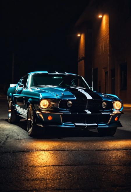 night photo, cinematic photo of ford shelby gt500 car, perfect lighting, vibrant, high detailed, epic, movie still, film grain