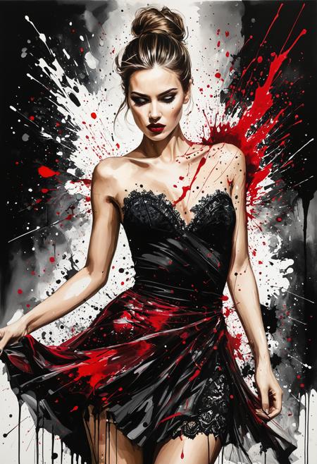 rating_safe, breathtaking detailed, masterpiece, absurdres, awe-inspiring, best quality, vibrant colors, expressionist portrait of a realistic woman, wearing a black lace dress, her posture elegant yet intense, BREAK, long flowing hair pulled back into an intricate updo, BREAK, dramatic makeup with dark red lips and smoky eyes, BREAK, ink splatter and explosive brush strokes emanating from her body, BREAK, (high contrast) between the detailed figure and chaotic background of inky black, beige, and dark red tones, BREAK, color burst of deep crimson and dark ink splashes (dripping dramatically from the skirt), BREAK, [abstract composition] of ink stains that fragment the figure into splashes, BREAK, chaotic visual fragmentation surrounding the woman, BREAK, (motion) in the swirling brush strokes that depict her energy and strength, BREAK, dramatic lighting casting shadows on her face and dress, emphasizing the tension and contrast between light and dark elements<lora:sdxl_ta86artstyle_exp_ink.safetensors:0.4:0.4>