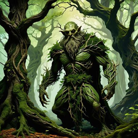 An image of Treebeard the Ent walking through Fangorn tending to the trees.