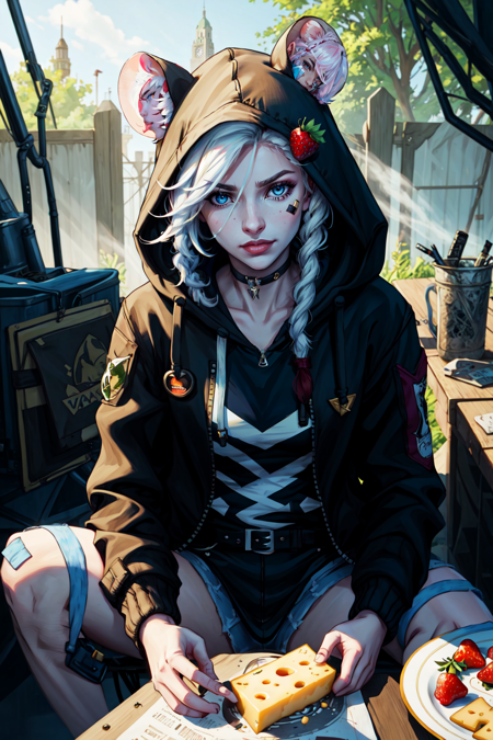 (masterpiece, best quality), 1girl, sitting, shadow, dappled sunlight, surreal, contemporary, mist,  long hair, looking at viewer, blue eyes, black hair, hair ornament, bow, animal ears, hair between eyes, jacket, braid, white hair, red hair, food, hood, twin braids, streaked hair, hoodie, fruit, bandaid, hooded jacket, hood up, multicolored eyes, strawberry, mouse ears, bandaid on face, cherry, bandaid on nose, mouse girl, cheese, sticker, outdoors