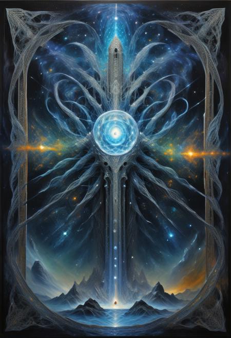 no humans, masterpiece, painting, crystal style, The lovecraftian depiction of the unimaginable inevitable endless cosmic horror coming from the deadly void of space in the form of the giant irritating ethereal indescribable ancient non-euclidean entity, high quality, detailed, intricate details, pure creativity, cosmic horror