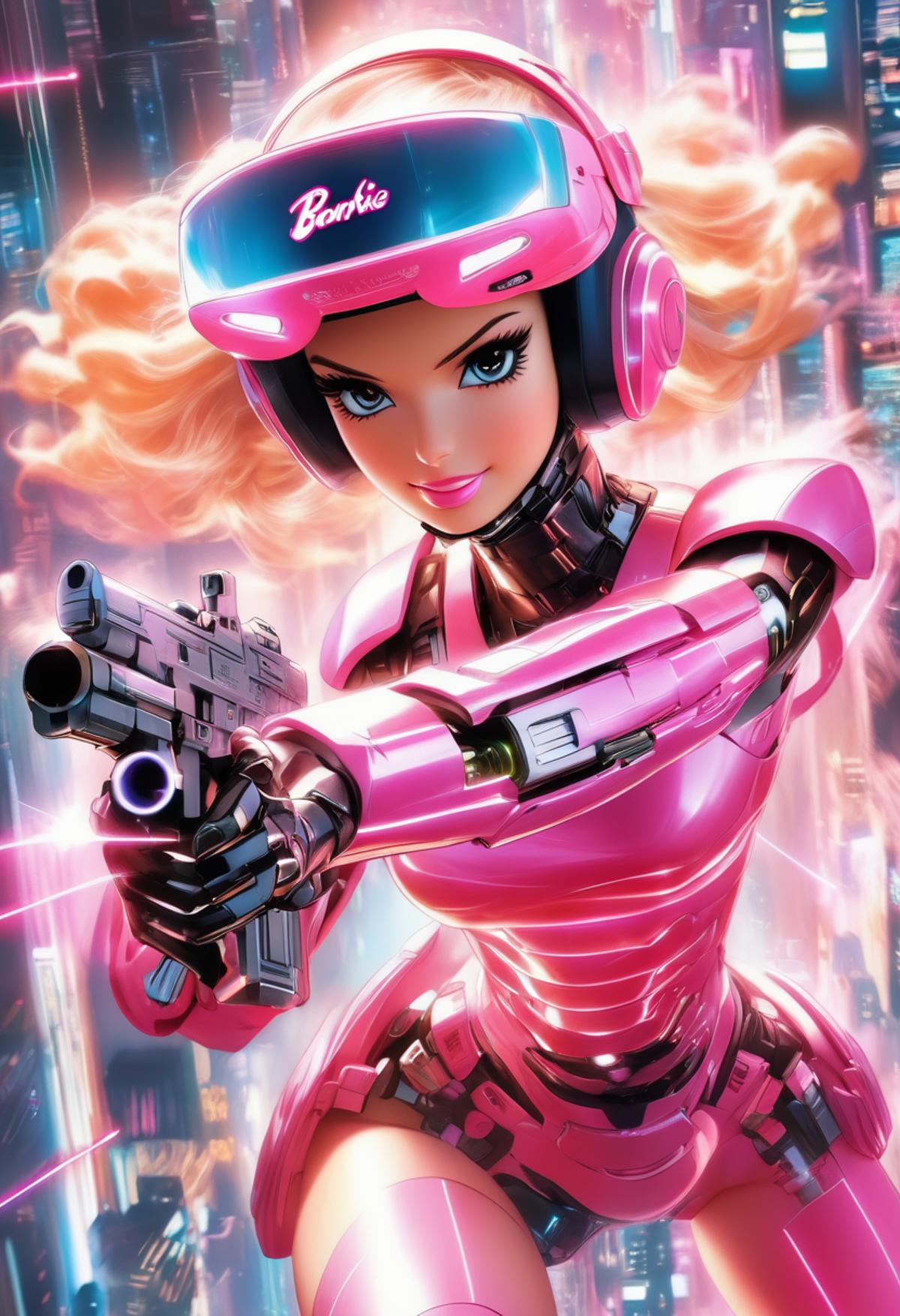 A cartoon robot girl in a pink suit holding a gun.