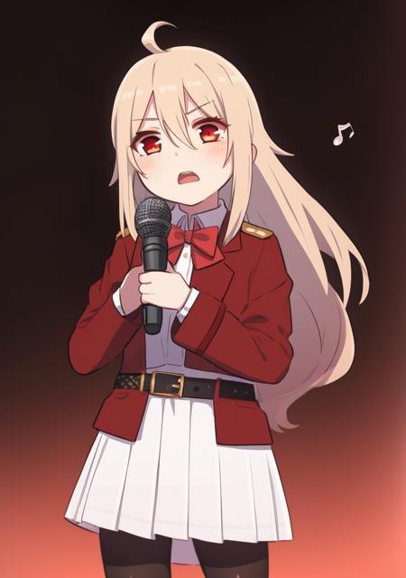 1girl, solo, blonde hair, long hair, holding, microphone, red eyes, open mouth, skirt, belt, holding microphone, looking at viewer, blush, white skirt, singing, music, garter straps, ahoge, bow, hair intakes, hair between eyes, black belt, bangs, thighhighs, long sleeves, cowboy shot, jacket, buckle, very long hair, standing, red jacket, bowtie, pantyhose<lora:xinzoruo-05:1>