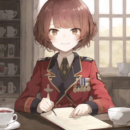 <lora:sakutake-2:1>,  sakutake \(ue3sayu\), 

1girl, bangs, blurry, brown eyes, clipboard, closed mouth, cup, depth of field, epaulettes, extra, fang, foreshortening, highres, holding, huira444, jacket, korean, long sleeves, looking at viewer, military, military uniform, open mouth, parted bangs, pointing, pointing at viewer, radio, red jacket, redhead, short hair, sitting, smirk, solo, spilling, st. gloriana's military uniform, tank interior, teacup, uniform, watermark