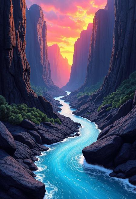 masterpiece, absurdres, 
HandDawing, a surreal drawing of a rainbow river twisting through black volcanic rock. high quality, ultra detailed, colorful, fantasy, photo realistic, 4k, Fantastic lighting. Detailed shadows. intricate details, vivid colors, ultra-sharp. The style is semi-realistic with a touch of surrealism, dreamy atmosphere, and unique textures. , The interplay of light and dark adds depth to the scene, creating a cinematic quality that highlights the soft contrasts .