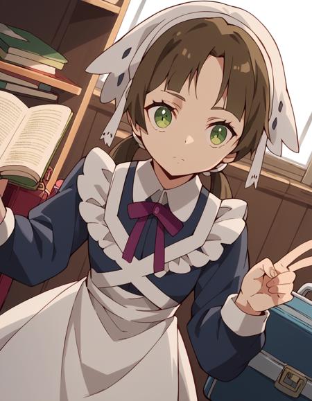 lotte, brown hair, twintails, green eyes, low twintails, apron, maid, maid headdress, maid apron,