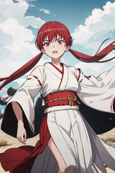 best quality, masterpiece, highres, solo, {white kimono:1.35}, {red hakama:1.35}, {wide sleeves:1.20}, {musujime_awaki_toarumajutsunoindex:1.15}, twintails, red_hair, long_hair, sarashi