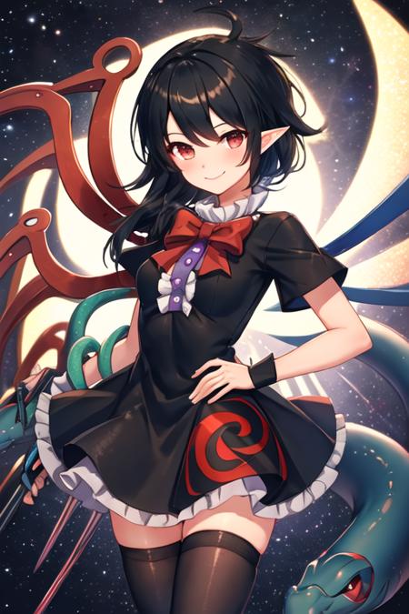 best quality, masterpiece, highres, solo, {houjuu_nue_touhou:1.15}, black_hair, wings, asymmetrical_wings, red_eyes, short_hair, bow, smile, 1girl, black_dress, dress, short_sleeves, snake, looking_at_viewer