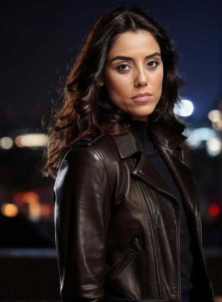 (realistic RAW portrait) 
 of cansu_dere as a beautiful female model, georgia fowler, beautiful face, with short dark brown hair, in cyberpunk city at night. She is wearing a leather jacket, black jeans, dramatic lighting, (police badge:1.2)
<lora:cansu_dere-000006:0.9>,