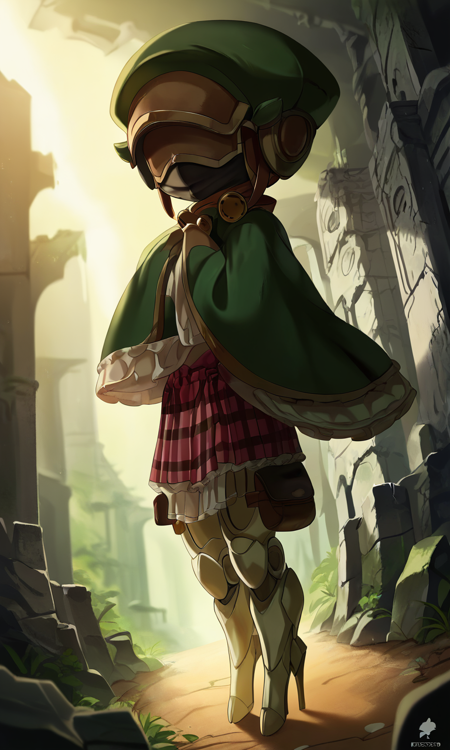 red eyes, short hair, blue hair, blonde hair, multicolored hair, short eyebrows, hair between eyes, streaked hair, bangs, green hat, green capelet, wide sleeves, long sleeves, sleeves past wrists, frills, cape, miniskirt, plaid skirt, mechanical legs, navel, midriff, mask, green hat, green capelet, wide sleeves, long sleeves, sleeves past wrists, frills, cape, miniskirt, plaid skirt, mechanical legs, navel, midriff,