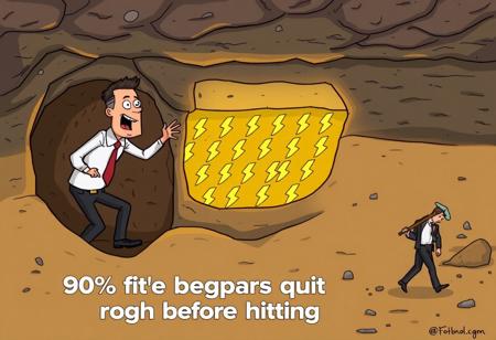 Cartoony style image captioned with '90% of beggars quit right before hitting it big.' A single image with two men in business casual clothes underground, arranged in a split horizontal layout. Both men are digging separate tunnels toward a thin dirt wall that hides a glowing area filled with numerous lightning bolt symbols behind it. The man on the top half is frantically digging at the wall with an excited expression, sensing he’s close. The man on the bottom half is walking away, dragging his pickaxe dejectedly after giving up just before reaching the hidden area.